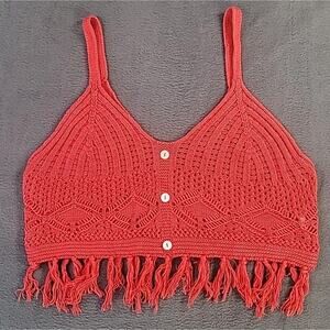 Vintage Madden NYC Crochet Fringe Crop Top – Red Medium Boho Retro Festival